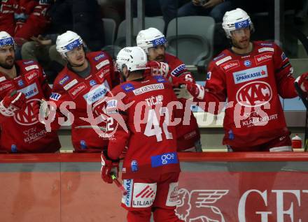 EBEL. Eishockey Bundesliga. EC KAC gegen BEMER Pioneers Vorarlberg.   Torjubel Rok Ticar  (KAC).  Klagenfurt, am 21.2.2023.
Foto: Kuess
www.qspictures.net
---
pressefotos, pressefotografie, kuess, qs, qspictures, sport, bild, bilder, bilddatenbank