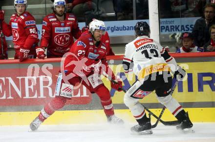 EBEL. Eishockey Bundesliga. EC KAC gegen BEMER Pioneers Vorarlberg.   Thomas Hundertpfund,  (KAC),   Steven Birnstill  (Vorarlberg). Klagenfurt, am 21.2.2023.
Foto: Kuess
www.qspictures.net
---
pressefotos, pressefotografie, kuess, qs, qspictures, sport, bild, bilder, bilddatenbank