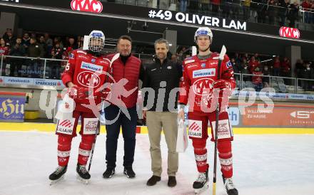 EBEL. Eishockey Bundesliga. EC KAC gegen BEMER Pioneers Vorarlberg.   Spieler des Abends Oliver Lahm, Johannes Reichel, Tobias Sablattnig  (KAC).  Klagenfurt, am 21.2.2023.
Foto: Kuess
www.qspictures.net
---
pressefotos, pressefotografie, kuess, qs, qspictures, sport, bild, bilder, bilddatenbank