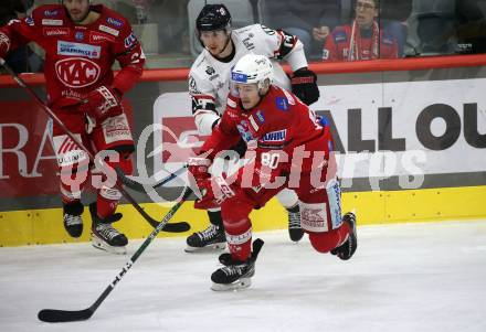 EBEL. Eishockey Bundesliga. EC KAC gegen BEMER Pioneers Vorarlberg.   Nikolaus Kraus,  (KAC),  Philipp Maurer   (Vorarlberg). Klagenfurt, am 21.2.2023.
Foto: Kuess
www.qspictures.net
---
pressefotos, pressefotografie, kuess, qs, qspictures, sport, bild, bilder, bilddatenbank