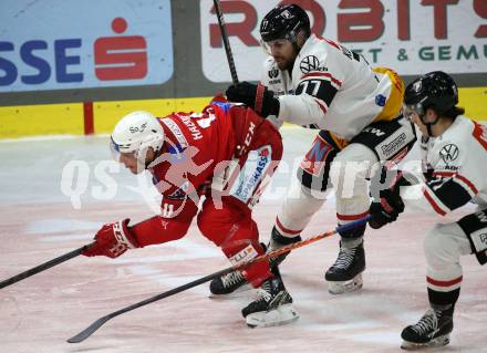 EBEL. Eishockey Bundesliga. EC KAC gegen BEMER Pioneers Vorarlberg.    Lukas Haudum,  (KAC),  Ivan Korecky  (Vorarlberg). Klagenfurt, am 21.2.2023.
Foto: Kuess
www.qspictures.net
---
pressefotos, pressefotografie, kuess, qs, qspictures, sport, bild, bilder, bilddatenbank