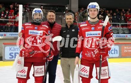 EBEL. Eishockey Bundesliga. EC KAC gegen BEMER Pioneers Vorarlberg.   Spieler des Abends Oliver Lahm, Johannes Reichel, Tobias Sablattnig  (KAC).  Klagenfurt, am 21.2.2023.
Foto: Kuess
www.qspictures.net
---
pressefotos, pressefotografie, kuess, qs, qspictures, sport, bild, bilder, bilddatenbank
