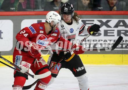 EBEL. Eishockey Bundesliga. EC KAC gegen BEMER Pioneers Vorarlberg.   Steven Strong,  (KAC),   Julian Metzler  (Vorarlberg). Klagenfurt, am 21.2.2023.
Foto: Kuess
www.qspictures.net
---
pressefotos, pressefotografie, kuess, qs, qspictures, sport, bild, bilder, bilddatenbank
