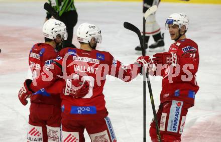 EBEL. Eishockey Bundesliga. EC KAC gegen BEMER Pioneers Vorarlberg.    Torjubel Kele Steffler, Thomas Vallant, Lukas Haudum (KAC).  Klagenfurt, am 21.2.2023.
Foto: Kuess
www.qspictures.net
---
pressefotos, pressefotografie, kuess, qs, qspictures, sport, bild, bilder, bilddatenbank