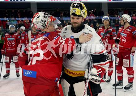 EBEL. Eishockey Bundesliga. EC KAC gegen BEMER Pioneers Vorarlberg.   Sebastian Dahm, David Madlener  (KAC).  Klagenfurt, am 21.2.2023.
Foto: Kuess
www.qspictures.net
---
pressefotos, pressefotografie, kuess, qs, qspictures, sport, bild, bilder, bilddatenbank