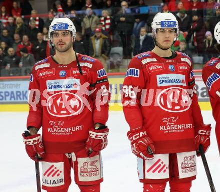 EBEL. Eishockey Bundesliga. EC KAC gegen BEMER Pioneers Vorarlberg.   Steven Strong, Christoph Tialler  (KAC).  Klagenfurt, am 21.2.2023.
Foto: Kuess
www.qspictures.net
---
pressefotos, pressefotografie, kuess, qs, qspictures, sport, bild, bilder, bilddatenbank