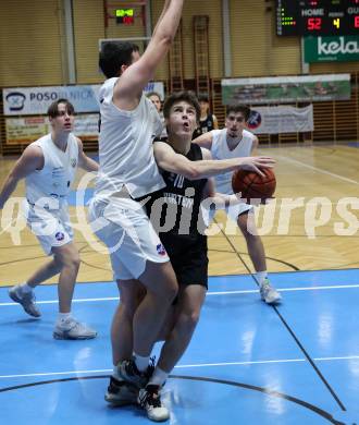 Basketball 2. Liga 2022/2023. Grunddurchgang 18. Runde.  KOS Celovec gegen Woerthersee Piraten.  Veljko Dena  (KOS),  Emilio Rozmann (Piraten). Klagenfurt, am 25.2.2023.
Foto: Kuess
www.qspictures.net
---
pressefotos, pressefotografie, kuess, qs, qspictures, sport, bild, bilder, bilddatenbank