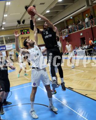 Basketball 2. Liga 2022/2023. Grunddurchgang 18. Runde.  KOS Celovec gegen Woerthersee Piraten. Dalibor Cevriz (KOS),  Marcus Holyfield (Piraten). Klagenfurt, am 25.2.2023.
Foto: Kuess
www.qspictures.net
---
pressefotos, pressefotografie, kuess, qs, qspictures, sport, bild, bilder, bilddatenbank