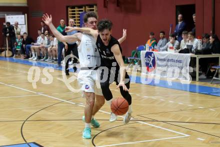 Basketball 2. Liga 2022/2023. Grunddurchgang 18. Runde.  KOS Celovec gegen Woerthersee Piraten.  Niklas Michel (KOS),  Felix Leindecker (Piraten). Klagenfurt, am 25.2.2023.
Foto: Kuess
www.qspictures.net
---
pressefotos, pressefotografie, kuess, qs, qspictures, sport, bild, bilder, bilddatenbank