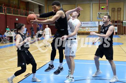 Basketball 2. Liga 2022/2023. Grunddurchgang 18. Runde.  KOS Celovec gegen Woerthersee Piraten.  Andi Smrtnik (KOS),  Marcus Holyfield (Piraten). Klagenfurt, am 25.2.2023.
Foto: Kuess
www.qspictures.net
---
pressefotos, pressefotografie, kuess, qs, qspictures, sport, bild, bilder, bilddatenbank