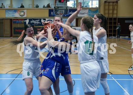 Basketball Damen Superliga. Grunddurchgang 14. Runde. KOS Celovec Damen gegen DBB LZ OOE.  Alina Seher, Johanna Thamer (KOS), Lejla Pleho,  Lara Mendl (OOE). Klagenfurt, 25.2.2023.
Foto: Kuess
---
pressefotos, pressefotografie, kuess, qs, qspictures, sport, bild, bilder, bilddatenbank