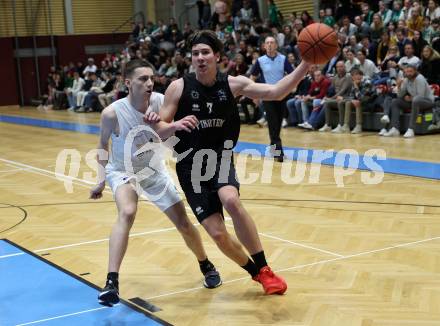 Basketball 2. Liga 2022/2023. Grunddurchgang 18. Runde.  KOS Celovec gegen Woerthersee Piraten.  Albin Llapashtica  (KOS),  Nick Cevizovic (Piraten). Klagenfurt, am 25.2.2023.
Foto: Kuess
www.qspictures.net
---
pressefotos, pressefotografie, kuess, qs, qspictures, sport, bild, bilder, bilddatenbank