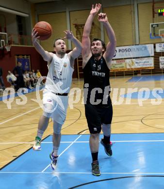 Basketball 2. Liga 2022/2023. Grunddurchgang 18. Runde.  KOS Celovec gegen Woerthersee Piraten.   Tim Huber (KOS),  Andreas Nuck (Piraten). Klagenfurt, am 25.2.2023.
Foto: Kuess
www.qspictures.net
---
pressefotos, pressefotografie, kuess, qs, qspictures, sport, bild, bilder, bilddatenbank