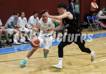 Basketball 2. Liga 2022/2023. Grunddurchgang 18. Runde.  KOS Celovec gegen Woerthersee Piraten.   Niklas Michel (KOS),  Felix Leindecker (Piraten). Klagenfurt, am 25.2.2023.
Foto: Kuess
www.qspictures.net
---
pressefotos, pressefotografie, kuess, qs, qspictures, sport, bild, bilder, bilddatenbank