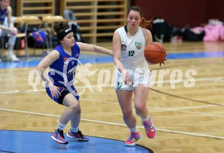 Basketball Damen Superliga. Grunddurchgang 14. Runde. KOS Celovec Damen gegen DBB LZ OOE. Patricia Pauer  (KOS),  Emma Kienesberger (OOE). Klagenfurt, 25.2.2023.
Foto: Kuess
---
pressefotos, pressefotografie, kuess, qs, qspictures, sport, bild, bilder, bilddatenbank