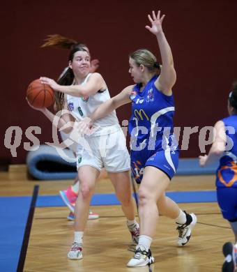 Basketball Damen Superliga. Grunddurchgang 14. Runde. KOS Celovec Damen gegen DBB LZ OOE. Alina Seher  (KOS),  Lejla Pleho (OOE). Klagenfurt, 25.2.2023.
Foto: Kuess
---
pressefotos, pressefotografie, kuess, qs, qspictures, sport, bild, bilder, bilddatenbank