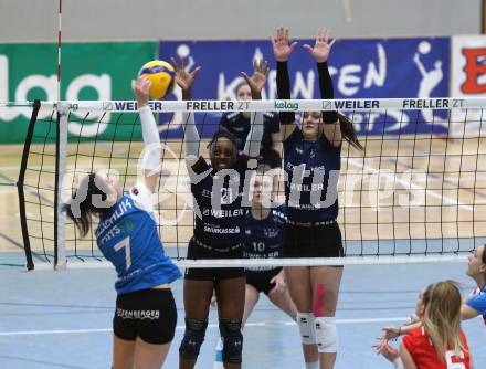 Volleyball. Austrian Volley League Women. ATSC Kelag Wildcats Klagenfurt gegen TI-ROWA-Moser-volley Tirol.  Ehize Omoghibo, Nikolina Bajic  (Klagenfurt).  Klagenfurt, 4.3.2023
Foto: Kuess


---
pressefotos, pressefotografie, kuess, qs, qspictures, sport, bild, bilder, bilddatenbank