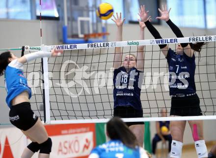 Volleyball. Austrian Volley League Women. ATSC Kelag Wildcats Klagenfurt gegen TI-ROWA-Moser-volley Tirol. Nicole Holzinger,  Nikolina Bajic  (Klagenfurt).  Klagenfurt, 4.3.2023
Foto: Kuess


---
pressefotos, pressefotografie, kuess, qs, qspictures, sport, bild, bilder, bilddatenbank