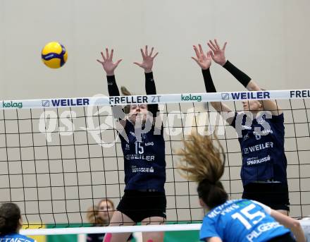 Volleyball. Austrian Volley League Women. ATSC Kelag Wildcats Klagenfurt gegen TI-ROWA-Moser-volley Tirol.  Anja Zorman,  Katharina Holzer (Klagenfurt).  Klagenfurt, 4.3.2023
Foto: Kuess


---
pressefotos, pressefotografie, kuess, qs, qspictures, sport, bild, bilder, bilddatenbank