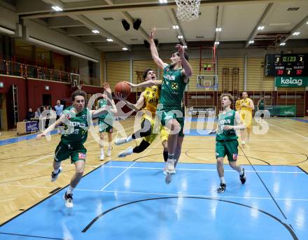 Basketball 2. Liga 2022/2023. Grunddurchgang 19. Runde. Woerthersee Piraten gegen Dornbirn Lions.  Felix Leindecker  (Piraten), Jaksa Sola  (Dornbirn). Klagenfurt, am 3.4.2023.
Foto: Kuess
www.qspictures.net
---
pressefotos, pressefotografie, kuess, qs, qspictures, sport, bild, bilder, bilddatenbank