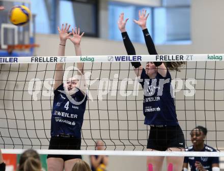 Volleyball. Austrian Volley League Women. ATSC Kelag Wildcats Klagenfurt gegen TI-ROWA-Moser-volley Tirol.  Jana Zierler, Anja Zorman  (Klagenfurt).  Klagenfurt, 4.3.2023
Foto: Kuess


---
pressefotos, pressefotografie, kuess, qs, qspictures, sport, bild, bilder, bilddatenbank