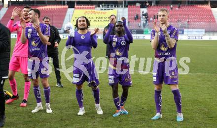 Fussball Bundesliga. SK Austria Klagenfurt gegen Cashpoint SCR Altach.  Andrew Irving, Maximiliano Romero Mareira, Bonnah, Florian Jaritz (Klagenfurt).  Klagenfurt, am 5.3.2023.
Foto: Kuess
---
pressefotos, pressefotografie, kuess, qs, qspictures, sport, bild, bilder, bilddatenbank