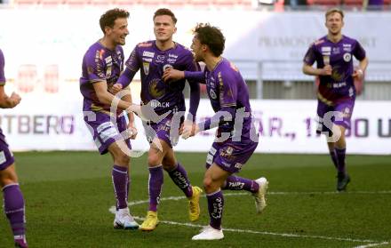 Fussball Bundesliga. SK Austria Klagenfurt gegen Cashpoint SCR Altach. Torjubel Vesel Demaku, Florian Rieder, Simon Straudi (Klagenfurt). Klagenfurt, am 5.3.2023.
Foto: Kuess
---
pressefotos, pressefotografie, kuess, qs, qspictures, sport, bild, bilder, bilddatenbank