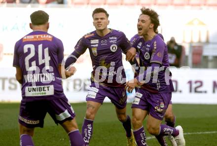 Fussball Bundesliga. SK Austria Klagenfurt gegen Cashpoint SCR Altach. Torjubel Florian Rieder, Simon Straudi, Christopher Wernitznig (Klagenfurt). Klagenfurt, am 5.3.2023.
Foto: Kuess
---
pressefotos, pressefotografie, kuess, qs, qspictures, sport, bild, bilder, bilddatenbank