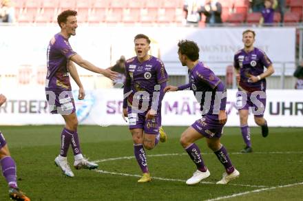 Fussball Bundesliga. SK Austria Klagenfurt gegen Cashpoint SCR Altach. Torjubel Vesel Demaku, Florian Rieder, Simon Straudi (Klagenfurt). Klagenfurt, am 5.3.2023.
Foto: Kuess
---
pressefotos, pressefotografie, kuess, qs, qspictures, sport, bild, bilder, bilddatenbank