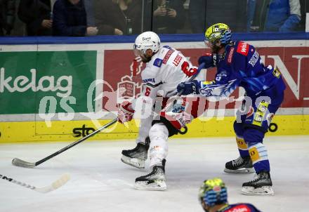 EBEL. Eishockey Bundesliga. VSV gegen KAC.   Alexander Rauchenwald, (VSV),    Lucas Lessio   (KAC). Klagenfurt, am 7.3.2023.
Foto: Kuess
www.qspictures.net
---
pressefotos, pressefotografie, kuess, qs, qspictures, sport, bild, bilder, bilddatenbank