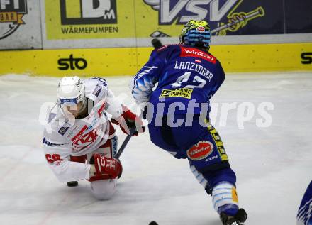 EBEL. Eishockey Bundesliga. VSV gegen KAC.  Benjamin Lanzinger,   (VSV),  Luka Gomboc   (KAC). Klagenfurt, am 7.3.2023.
Foto: Kuess
www.qspictures.net
---
pressefotos, pressefotografie, kuess, qs, qspictures, sport, bild, bilder, bilddatenbank