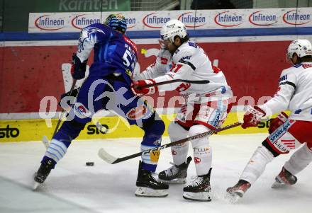 EBEL. Eishockey Bundesliga. VSV gegen KAC.   Micolas Rivett-Mattinen,  (VSV),  Marcel Witting   (KAC). Klagenfurt, am 7.3.2023.
Foto: Kuess
www.qspictures.net
---
pressefotos, pressefotografie, kuess, qs, qspictures, sport, bild, bilder, bilddatenbank