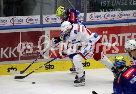 EBEL. Eishockey Bundesliga. VSV gegen KAC.  Marco Richter,   (VSV),  Kele Steffler   (KAC). Klagenfurt, am 7.3.2023.
Foto: Kuess
www.qspictures.net
---
pressefotos, pressefotografie, kuess, qs, qspictures, sport, bild, bilder, bilddatenbank