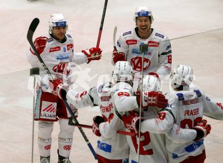 EBEL. Eishockey Bundesliga. VSV gegen KAC. Torjubel Fabian Hochegger, Nicholas Eric Petersen, Clemens Unterweger, Rok Ticar, Matthew Fraser  (KAC). Klagenfurt, am 7.3.2023.
Foto: Kuess
www.qspictures.net
---
pressefotos, pressefotografie, kuess, qs, qspictures, sport, bild, bilder, bilddatenbank