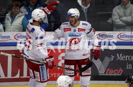 EBEL. Eishockey Bundesliga. VSV gegen KAC.  Torjubel Thomas Hundertpfund, Lukas Haudum (KAC). Klagenfurt, am 7.3.2023.
Foto: Kuess
www.qspictures.net
---
pressefotos, pressefotografie, kuess, qs, qspictures, sport, bild, bilder, bilddatenbank