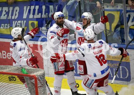 EBEL. Eishockey Bundesliga. VSV gegen KAC.   Torjubel Lucas Lessio, Simeon Schwinger, Thomas Vallant, Kele Steffler  (KAC). Klagenfurt, am 7.3.2023.
Foto: Kuess
www.qspictures.net
---
pressefotos, pressefotografie, kuess, qs, qspictures, sport, bild, bilder, bilddatenbank