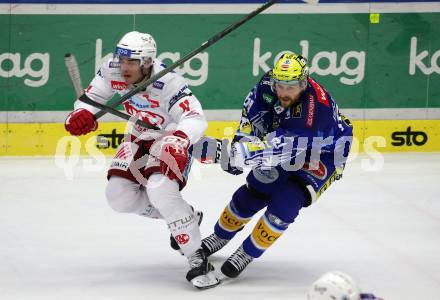 EBEL. Eishockey Bundesliga. VSV gegen KAC.  Andrew Desjardins,    (VSV),   Lukas Haudum (KAC). Klagenfurt, am 7.3.2023.
Foto: Kuess
www.qspictures.net
---
pressefotos, pressefotografie, kuess, qs, qspictures, sport, bild, bilder, bilddatenbank