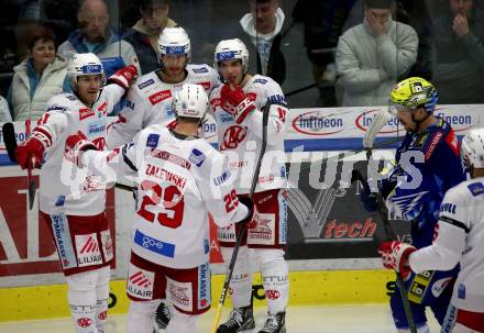 EBEL. Eishockey Bundesliga. VSV gegen KAC.  Torjubel Thomas Hundertpfund, Lukas Haudum, Jesper Jensen Aabo, Mike Zalewski  (KAC). Klagenfurt, am 7.3.2023.
Foto: Kuess
www.qspictures.net
---
pressefotos, pressefotografie, kuess, qs, qspictures, sport, bild, bilder, bilddatenbank