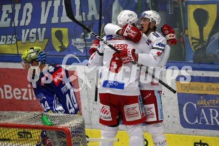 EBEL. Eishockey Bundesliga. VSV gegen KAC.  Torjubel Lucas Lessio, Simeon Schwinger (KAC). Klagenfurt, am 7.3.2023.
Foto: Kuess
www.qspictures.net
---
pressefotos, pressefotografie, kuess, qs, qspictures, sport, bild, bilder, bilddatenbank