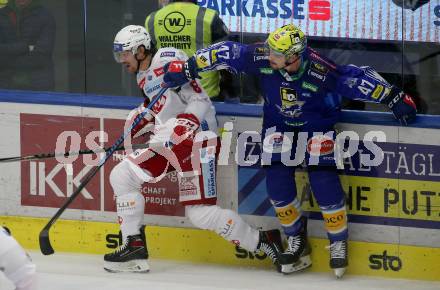 EBEL. Eishockey Bundesliga. VSV gegen KAC.   Simon Despres,  (VSV),   Nicholas Eric Petersen  (KAC). Klagenfurt, am 7.3.2023.
Foto: Kuess
www.qspictures.net
---
pressefotos, pressefotografie, kuess, qs, qspictures, sport, bild, bilder, bilddatenbank