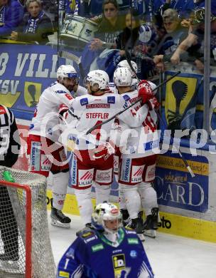 EBEL. Eishockey Bundesliga. VSV gegen KAC.   Torjubel Lucas Lessio, Simeon Schwinger, Thomas Vallant, Kele Steffler  (KAC). Klagenfurt, am 7.3.2023.
Foto: Kuess
www.qspictures.net
---
pressefotos, pressefotografie, kuess, qs, qspictures, sport, bild, bilder, bilddatenbank