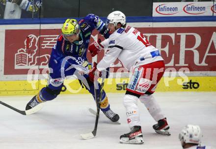 EBEL. Eishockey Bundesliga. VSV gegen KAC.  Nicolas Rivett-Mattinen,   (VSV),  David Maier   (KAC). Klagenfurt, am 7.3.2023.
Foto: Kuess
www.qspictures.net
---
pressefotos, pressefotografie, kuess, qs, qspictures, sport, bild, bilder, bilddatenbank