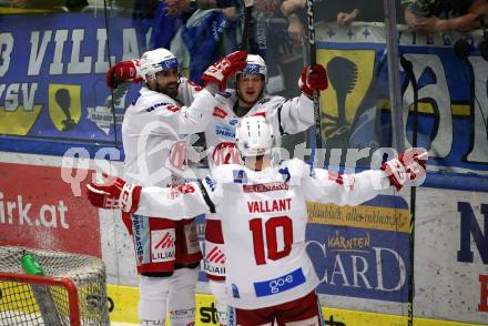 EBEL. Eishockey Bundesliga. VSV gegen KAC.  Torjubel Lucas Lessio, Simeon Schwinger, Thomas Vallant  (KAC). Klagenfurt, am 7.3.2023.
Foto: Kuess
www.qspictures.net
---
pressefotos, pressefotografie, kuess, qs, qspictures, sport, bild, bilder, bilddatenbank