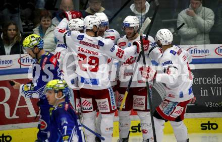 EBEL. Eishockey Bundesliga. VSV gegen KAC.  Torjubel Thomas Hundertpfund, Lukas Haudum, Jesper Jensen Aabo, Mike Zalewski, Lucas Lessio  (KAC). Klagenfurt, am 7.3.2023.
Foto: Kuess
www.qspictures.net
---
pressefotos, pressefotografie, kuess, qs, qspictures, sport, bild, bilder, bilddatenbank