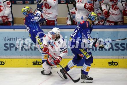 EBEL. Eishockey Bundesliga. VSV gegen KAC.   Anthony Luciani, Andrew Desjardins,  (VSV),    Rok Ticar  (KAC). Klagenfurt, am 7.3.2023.
Foto: Kuess
www.qspictures.net
---
pressefotos, pressefotografie, kuess, qs, qspictures, sport, bild, bilder, bilddatenbank