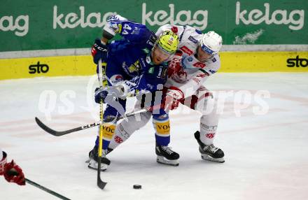 EBEL. Eishockey Bundesliga. VSV gegen KAC.  Jamie Fraser,   (VSV),  Fabian Hochegger   (KAC). Klagenfurt, am 7.3.2023.
Foto: Kuess
www.qspictures.net
---
pressefotos, pressefotografie, kuess, qs, qspictures, sport, bild, bilder, bilddatenbank