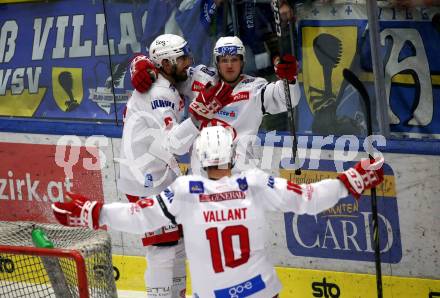 EBEL. Eishockey Bundesliga. VSV gegen KAC.    Torjubel Lucas Lessio, Simeon Schwinger, Thomas Vallant  (KAC). Klagenfurt, am 7.3.2023.
Foto: Kuess
www.qspictures.net
---
pressefotos, pressefotografie, kuess, qs, qspictures, sport, bild, bilder, bilddatenbank