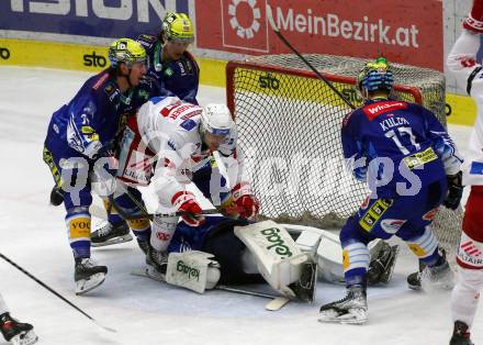 EBEL. Eishockey Bundesliga. VSV gegen KAC.   Philipp Lindner, Arturs Kulda, Jean Philippe Lamoureux  (VSV),  Fabian Hochegger,   (KAC). Klagenfurt, am 7.3.2023.
Foto: Kuess
www.qspictures.net
---
pressefotos, pressefotografie, kuess, qs, qspictures, sport, bild, bilder, bilddatenbank