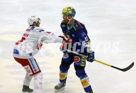 EBEL. Eishockey Bundesliga. VSV gegen KAC.   Jamie Fraser,  (VSV),  Simeon Schwinger   (KAC). Klagenfurt, am 7.3.2023.
Foto: Kuess
www.qspictures.net
---
pressefotos, pressefotografie, kuess, qs, qspictures, sport, bild, bilder, bilddatenbank