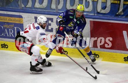 EBEL. Eishockey Bundesliga. VSV gegen KAC.   Marco Richter,  (VSV),  Steven Strong   (KAC). Klagenfurt, am 7.3.2023.
Foto: Kuess
www.qspictures.net
---
pressefotos, pressefotografie, kuess, qs, qspictures, sport, bild, bilder, bilddatenbank